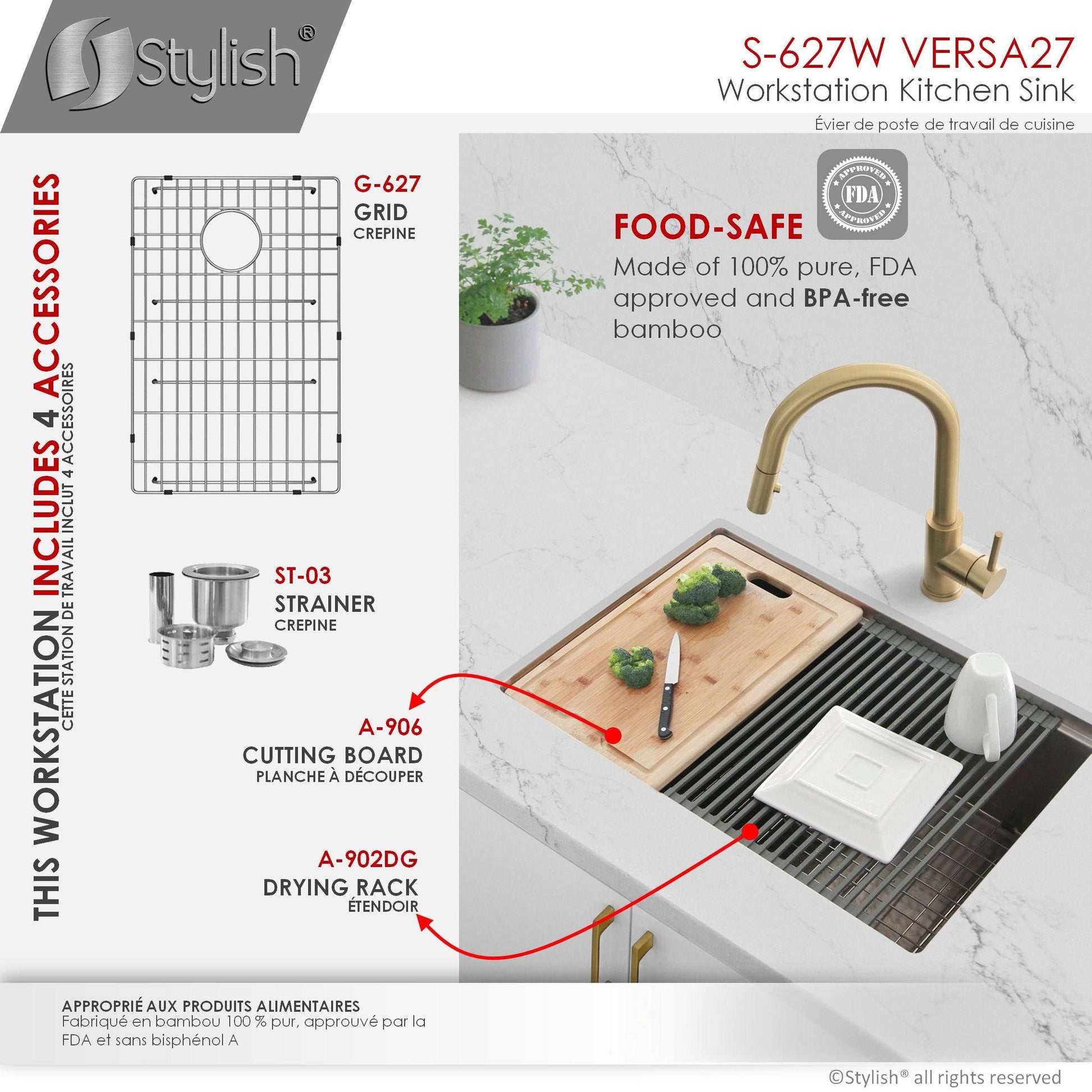 Stylish Versa27 27" x 19" Workstation Single Bowl Undermount 16 Gauge Stainless Steel Kitchen Sink with Built in Accessories S-627W - Renoz