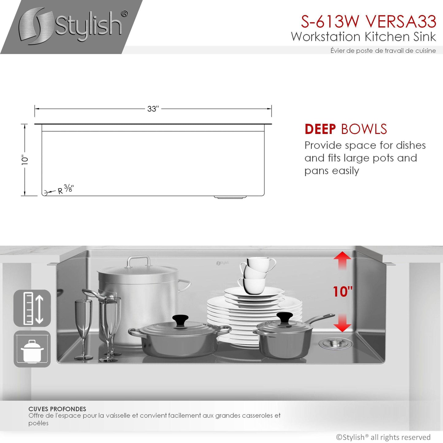 Stylish Versa33 33" x 19" Workstation Single Bowl Undermount 16 Gauge Stainless Steel Kitchen Sink with Built in Accessories S-613W - Renoz