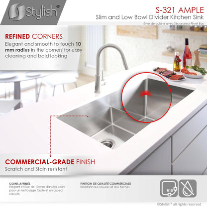 Stylish Ample 32" x 18" Slim Low Divider Double Bowl Undermount Stainless Steel Kitchen Sink S-321XG - Renoz