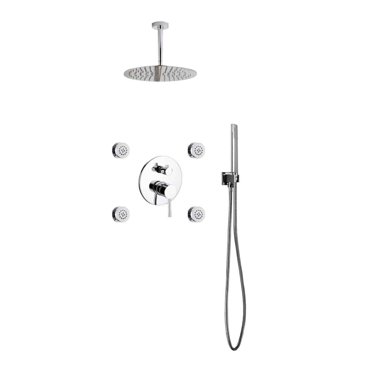 Kube Bath Aqua Rondo Chrome Brass Shower Set With 12" Round Rain Shower, 4 Body Jets and Handheld - Renoz