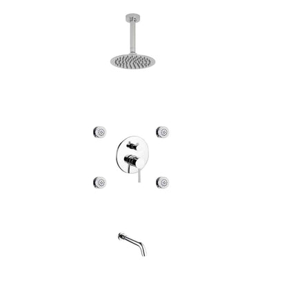 Kube Bath Aqua Rondo Chrome Brass Shower Set With 8" Round Rain Shower, 4 Body Jets and Tubfiller - Renoz