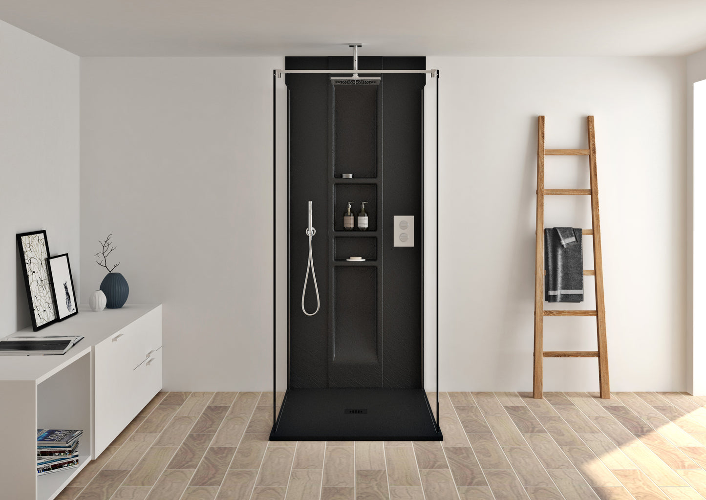 Base de douche rectangulaire Zitta Roc Slate noir mat en résine avec drain central 48po x 36po x1po avec brides de remplissage intégrées