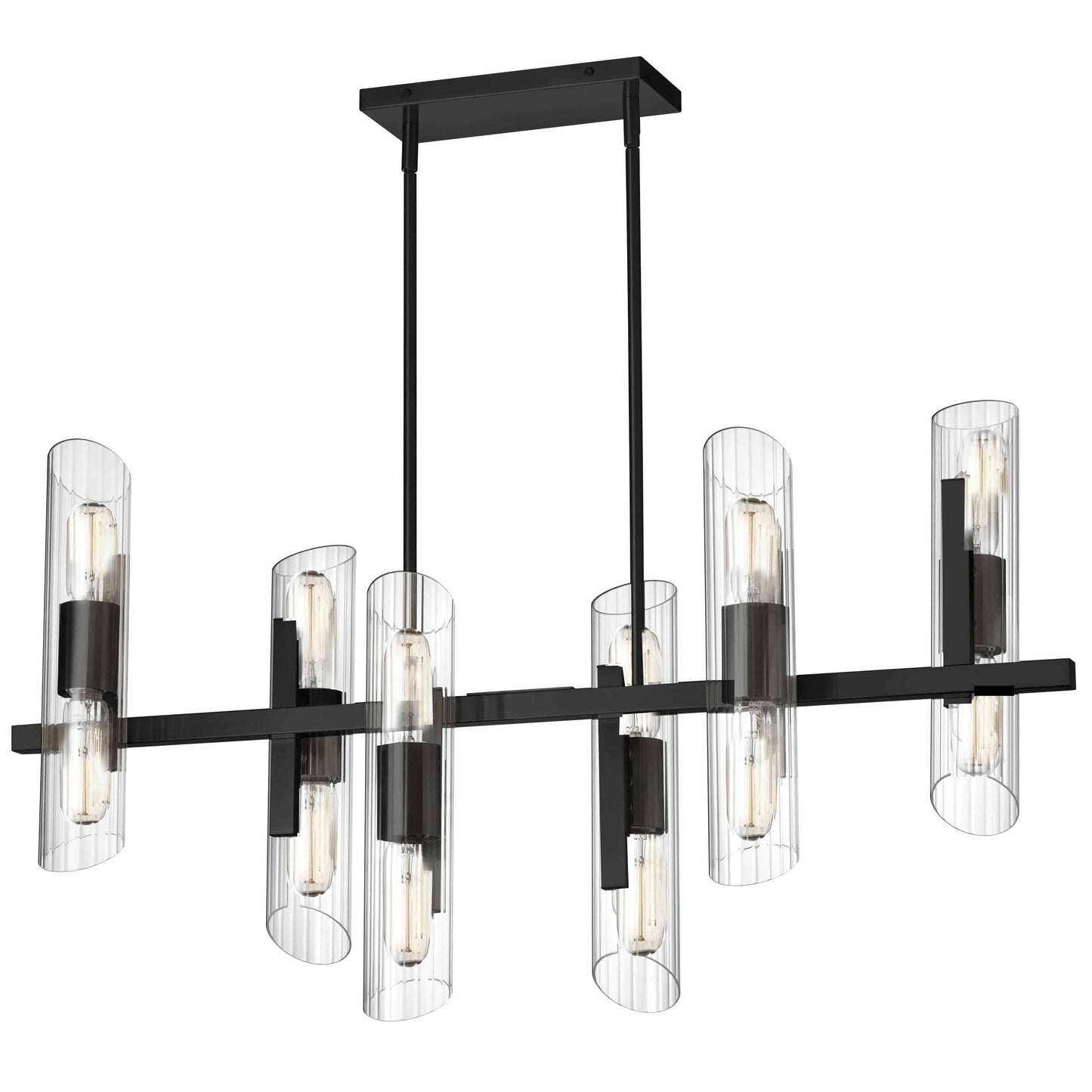 Dainolite 12 Light Horizontal Matte Black Chandelier w/ Clear Fluted Glass - Renoz