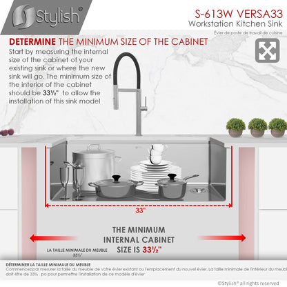 Stylish Versa33 33" x 19" Workstation Single Bowl Undermount 16 Gauge Stainless Steel Kitchen Sink with Built in Accessories S-613W - Renoz