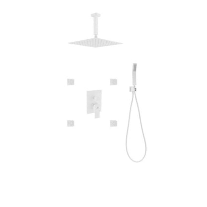 Kube Bath Aqua Piazza White Shower Set W/ 12″ Ceiling Mount Square Rain Shower, 4 Body Jets and Handheld - Renoz