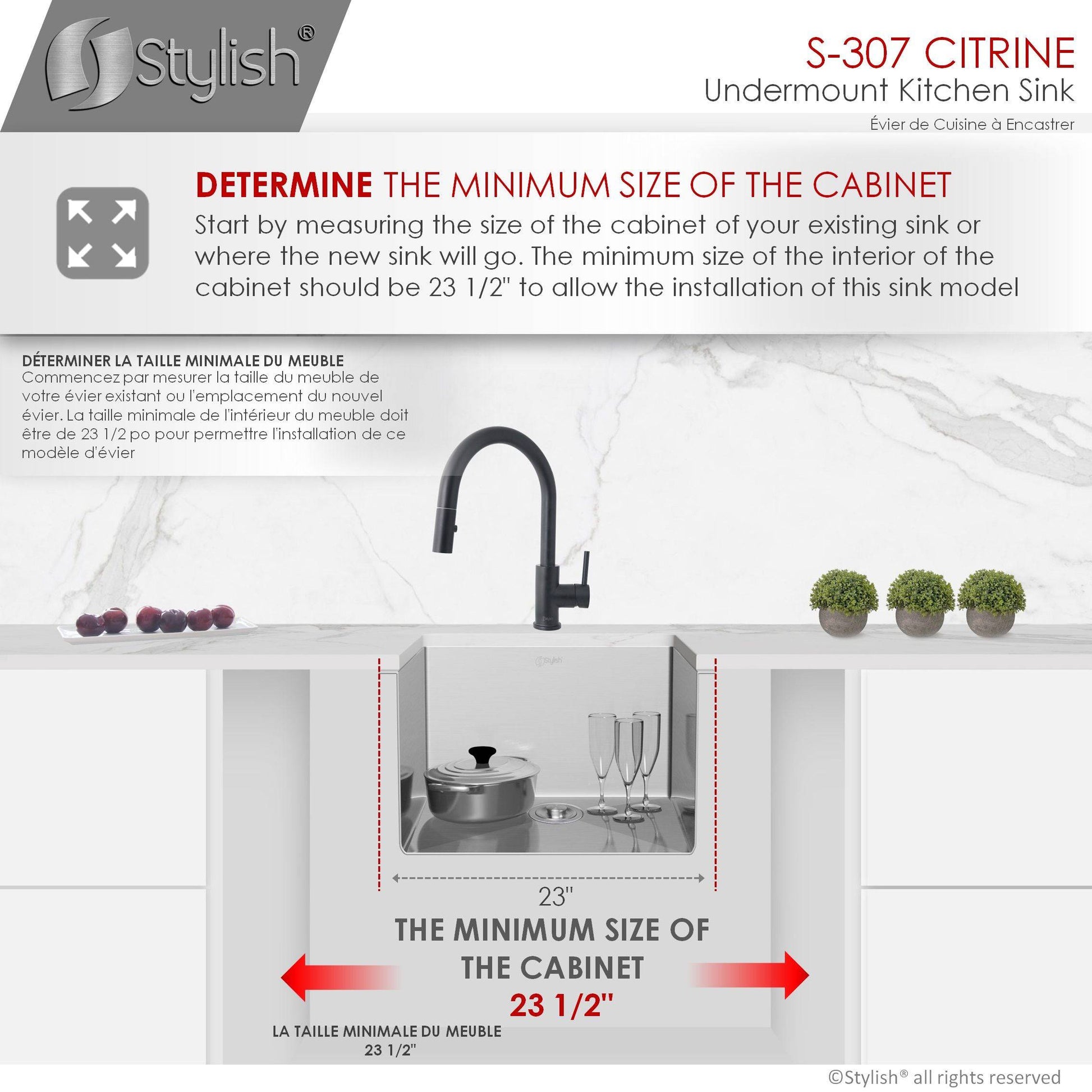 Stylish Citrine 23" x 18" Single Bowl Undermount Stainless Steel Kitchen Sink S-307XG - Renoz