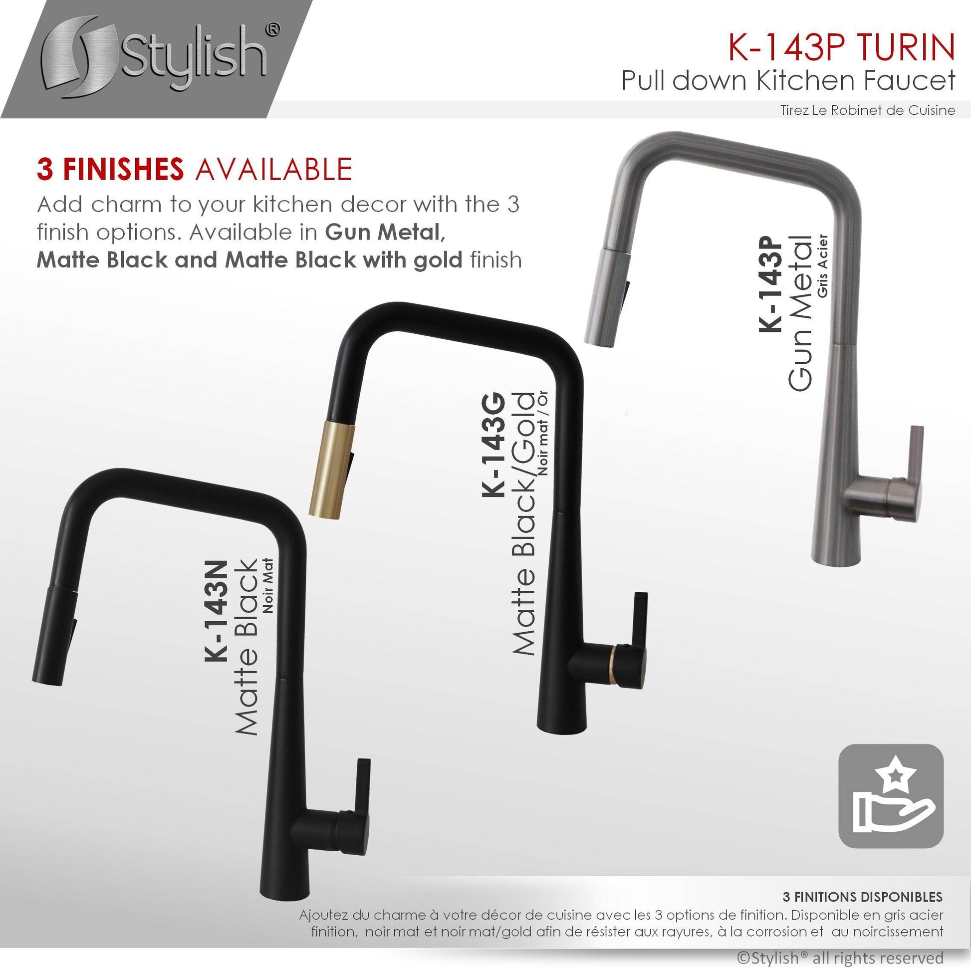 Stylish Turin 17" Kitchen Faucet Single Handle Pull Down Dual Mode Lead Free Gun Metal K-143P - Renoz