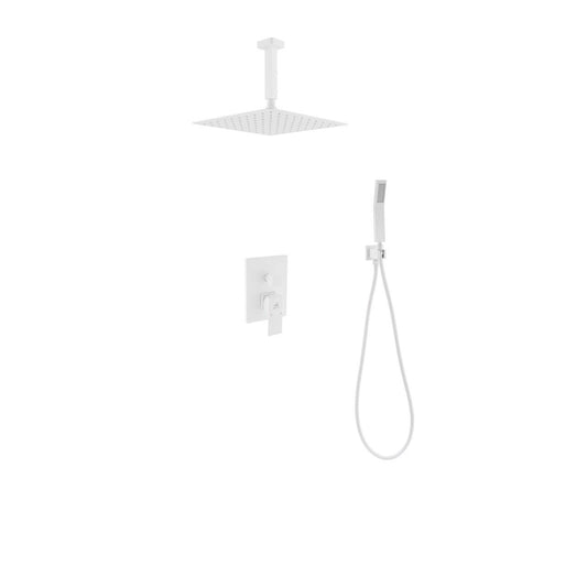 Kube Bath Aqua Piazza White Shower Set W/ 12″ Ceiling Mount Square Rain Shower and Handheld - Renoz