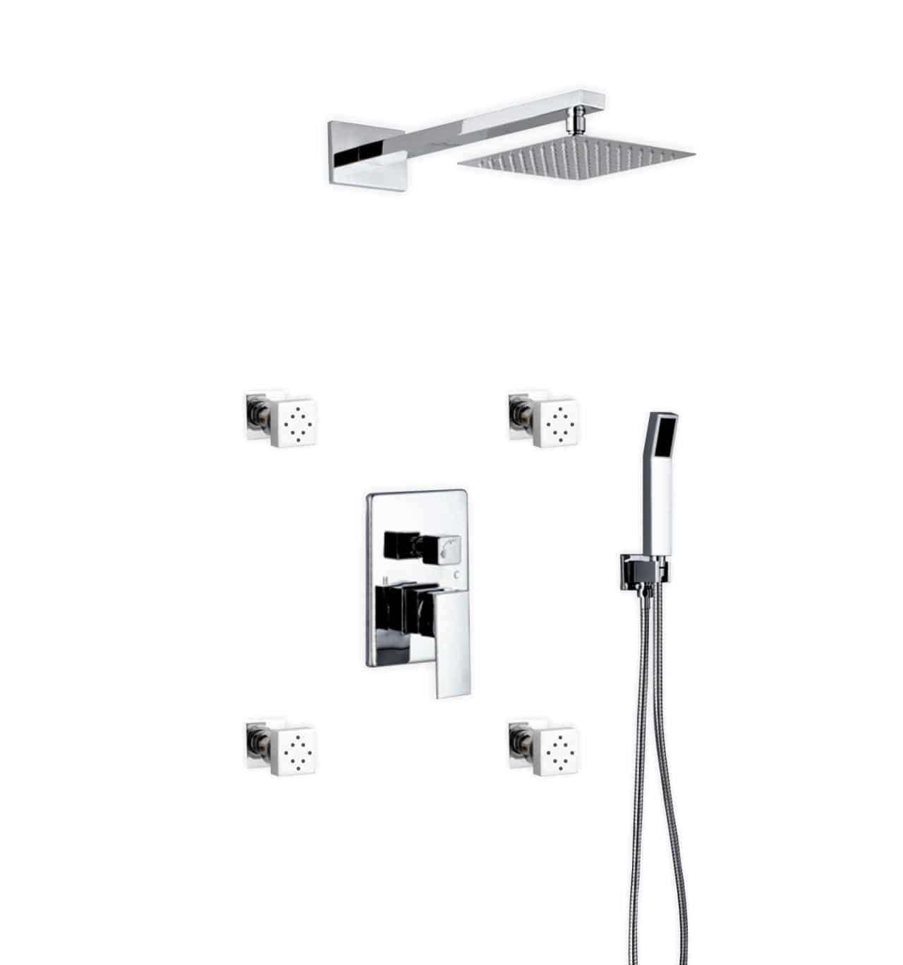 Kube Bath Aqua Piazza Shower Set With 8" Square Rain Shower, 4 Body Jets and Handheld Chrome - Renoz