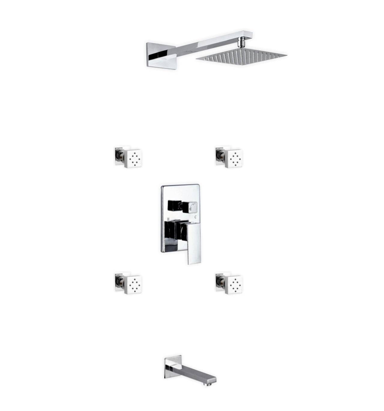 Kube Bath Aqua Piazza Brass Shower Set With 8" Square Rain Shower, 4 Body Jets and Tub Filler Chrome - Renoz