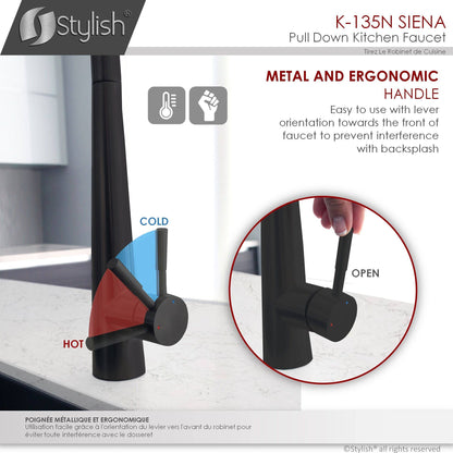 Stylish Siena 17" Kitchen Faucet Single Handle Pull Down Dual Mode Stainless Steel in Matte Black Finish K-135N - Renoz