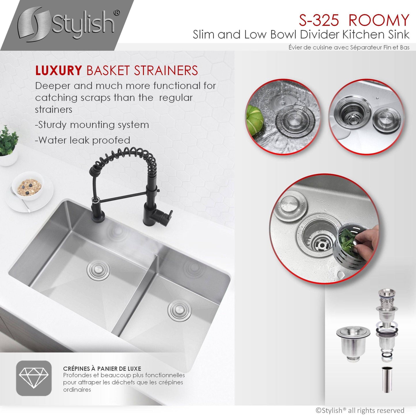 Stylish Roomy 32" x 18" Low Divider 60-40 Double Bowl Undermount Stainless Steel Kitchen Sink S-325XG - Renoz