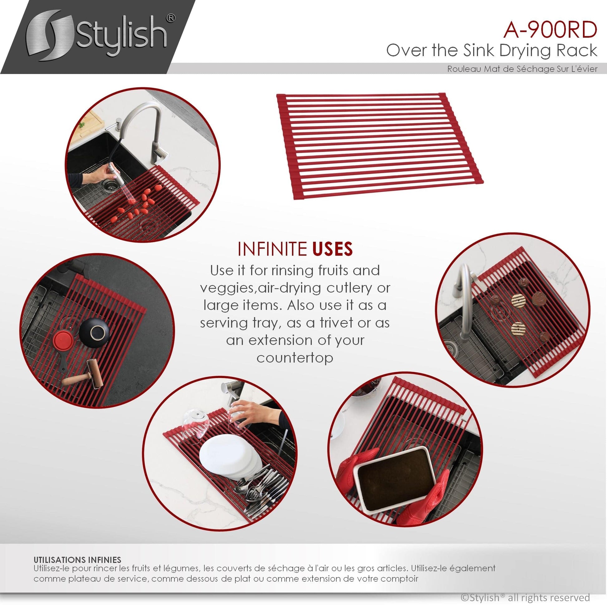 Stylish 20" Over the Sink Roll-up Drying Rack Red A-900RD - Renoz