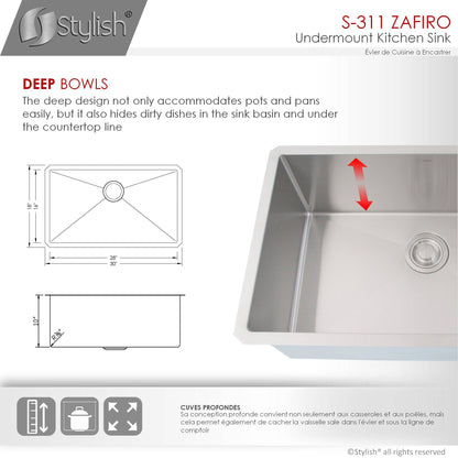 Stylish Zafiro 30" x 18" Single Bowl Undermount Stainless Steel Kitchen Sink S-311XG - Renoz