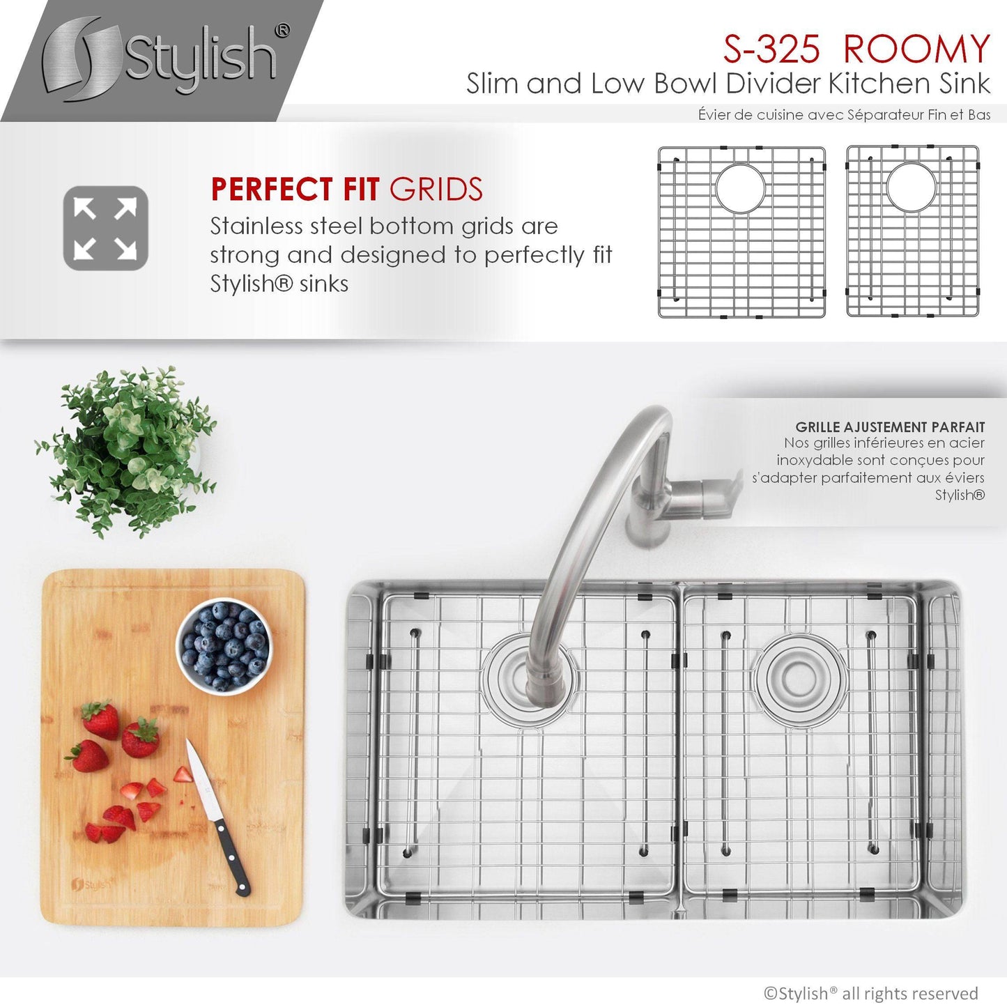 Stylish Roomy 32" x 18" Low Divider 60-40 Double Bowl Undermount Stainless Steel Kitchen Sink S-325XG - Renoz