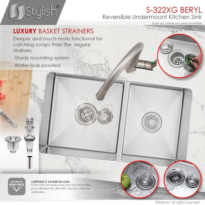 Stylish Beryl 33" x 18" Double Bowl 60/40 Reversible Undermount 16G Stainless Steel Kitchen Sink S-322XG - Renoz