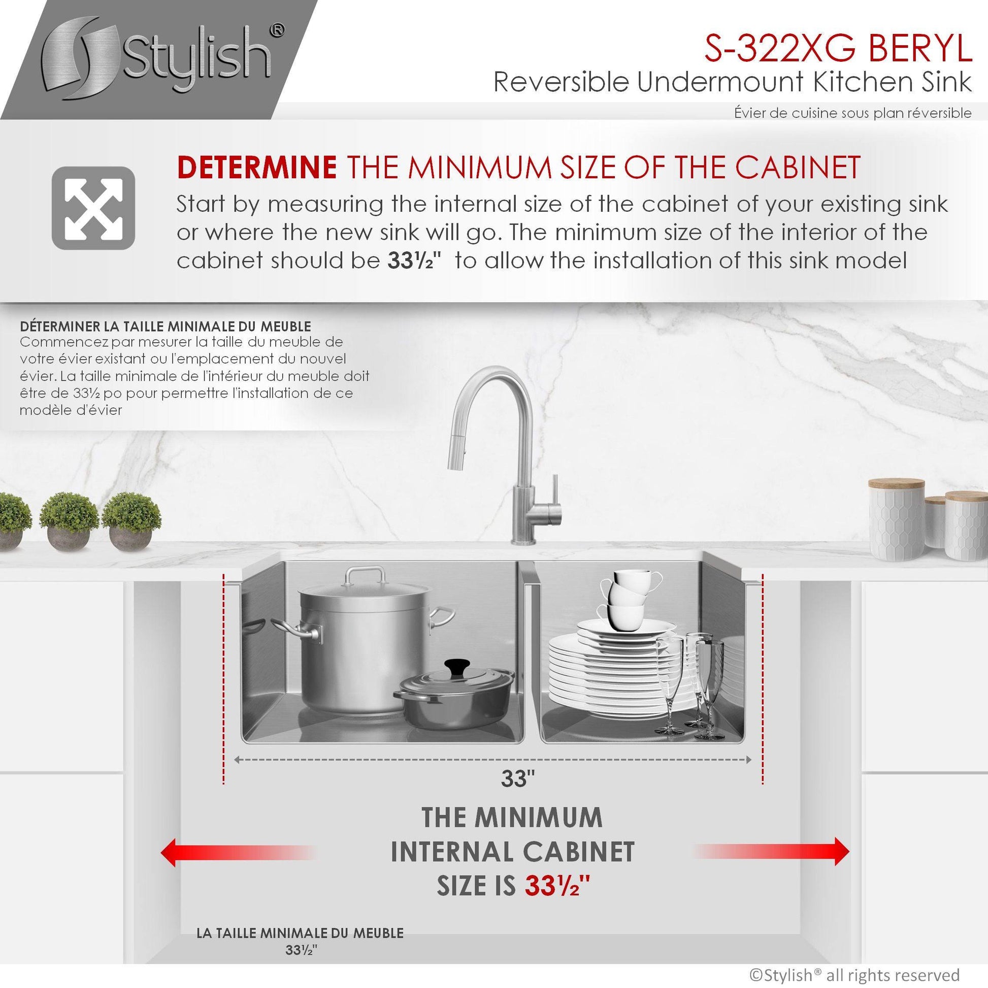 Stylish Beryl 33" x 18" Double Bowl 60/40 Reversible Undermount 16G Stainless Steel Kitchen Sink S-322XG - Renoz