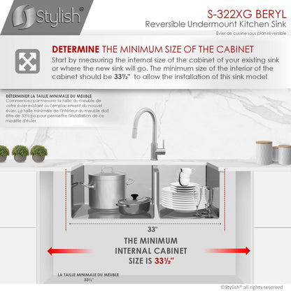 Stylish Beryl 33" x 18" Double Bowl 60/40 Reversible Undermount 16G Stainless Steel Kitchen Sink S-322XG - Renoz