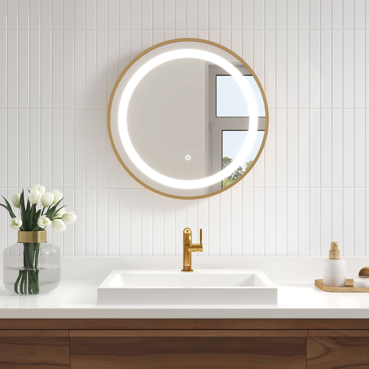 Kalia - Miroir rond lumineux à effet LED avec bande givrée, cadre doré brossé et interrupteur tactile pour contrôle de la température de couleur 24" x 1⅝"