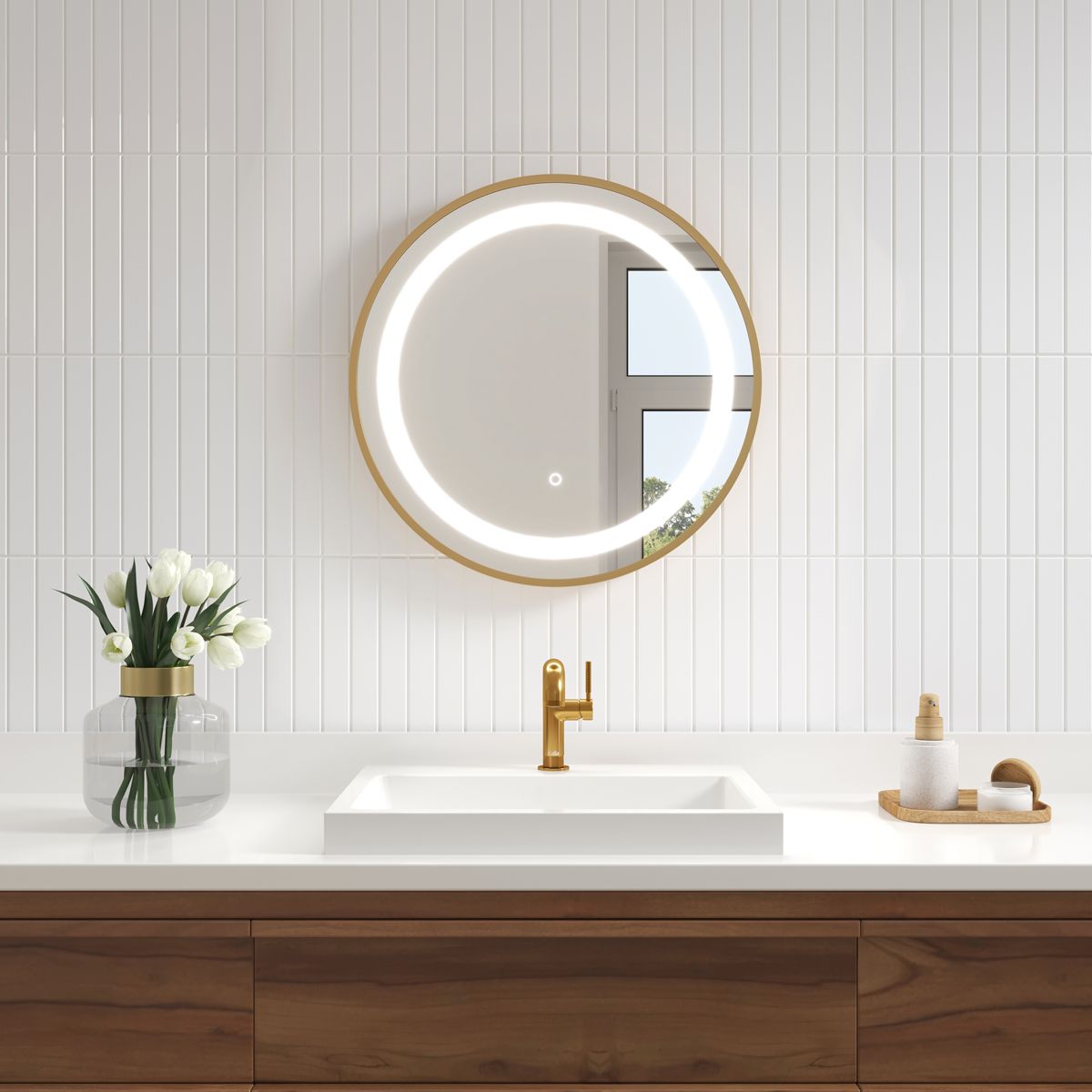 Kalia - Miroir rond lumineux à effet LED avec bande givrée, cadre doré brossé et interrupteur tactile pour contrôle de la température de couleur 24" x 1⅝"