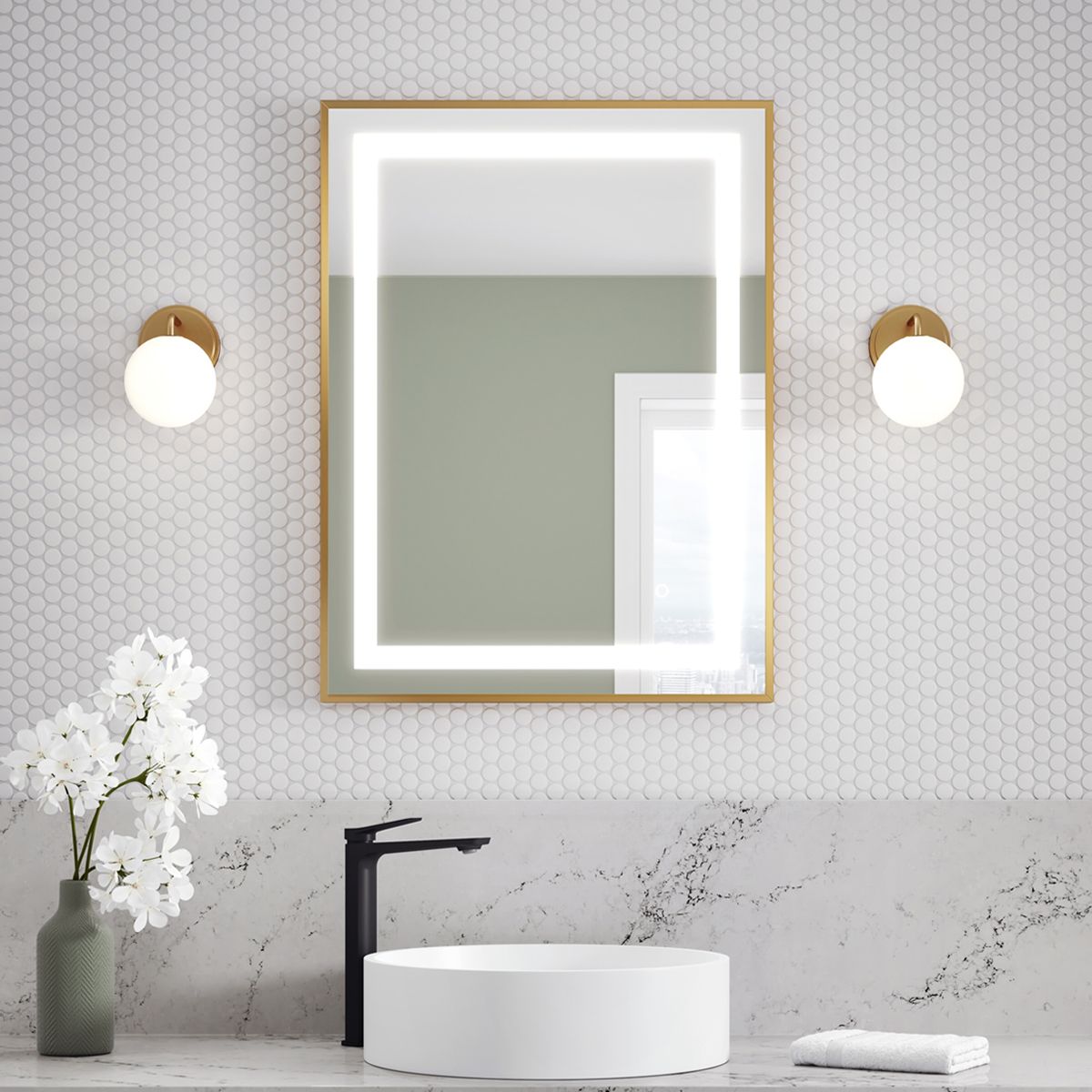 Kalia - Miroir rectangulaire éclairé par LED à effet avec bande givrée, cadre doré brossé et interrupteur tactile pour contrôle de la température de couleur 24" X 32" X 1⅝"