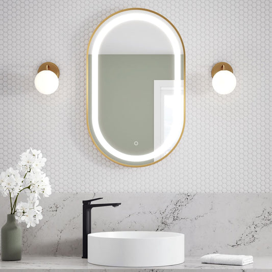 Kalia - Miroir oblong à effet lumineux à LED de forme oblongue avec cadre en or brossé avec bande givrée et interrupteur tactile pour le contrôle de la température de couleur 20" X 32" X 1¾"