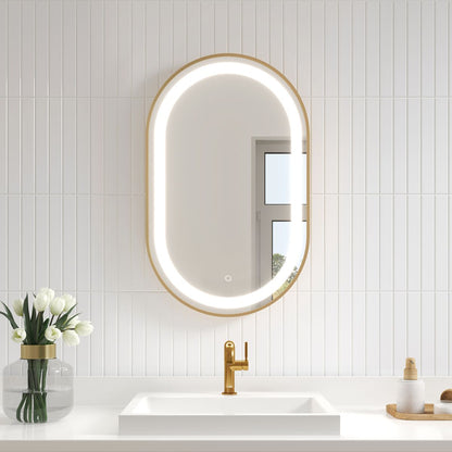 Kalia - Miroir oblong à effet lumineux à LED de forme oblongue avec cadre en or brossé avec bande givrée et interrupteur tactile pour le contrôle de la température de couleur 20" X 32" X 1¾"