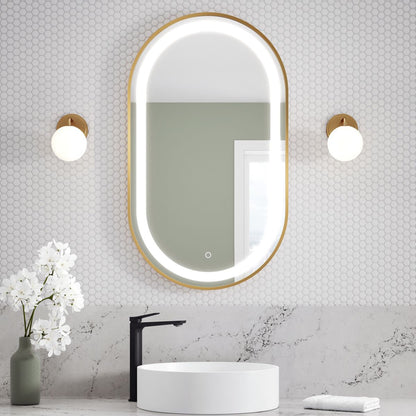 Kalia - Effet Oblong Miroir à cadre en or brossé de forme oblongue illuminé par LED avec bande givrée et interrupteur tactile pour le contrôle de la température de couleur 22" X 38" X 1¾"