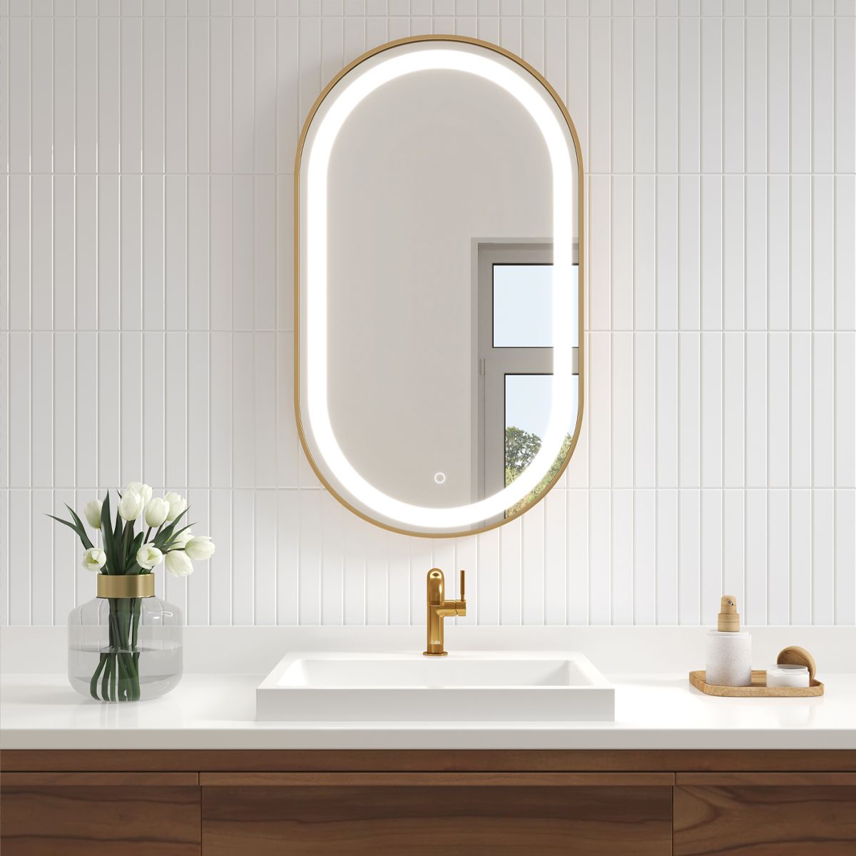 Kalia - Effet Oblong Miroir à cadre en or brossé de forme oblongue illuminé par LED avec bande givrée et interrupteur tactile pour le contrôle de la température de couleur 22" X 38" X 1¾"