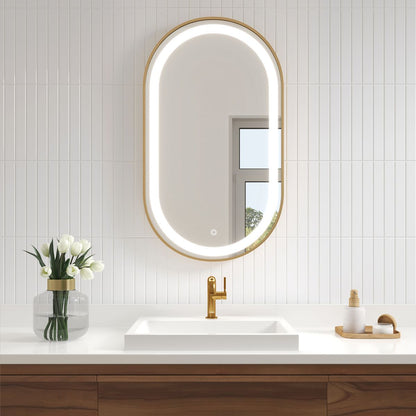 Kalia - Effet Oblong Miroir à cadre en or brossé de forme oblongue illuminé par LED avec bande givrée et interrupteur tactile pour le contrôle de la température de couleur 22" X 38" X 1¾"