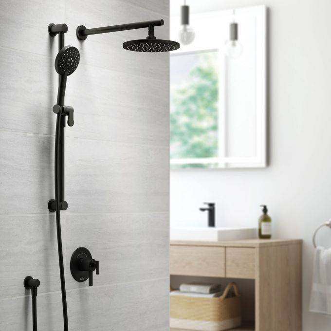 Kalia RoundOne TCD1 (Valve Not Included) AQUATONIK T/P Coaxial Shower System with Wall Arm- Matte Black - Renoz