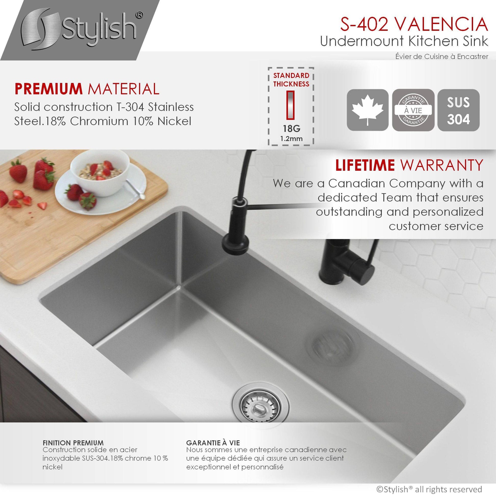 Stylish Valencia 31.13" x 18" Single Bowl Undermount Stainless Steel Kitchen Sink S-402 - Renoz