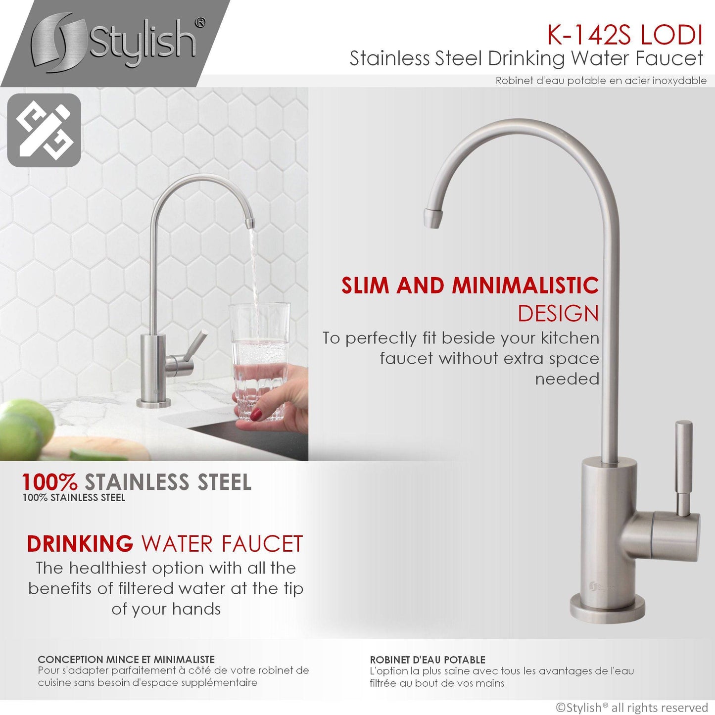 Stylish Lodi 11.25" Kitchen Drinking Water Tap Faucet, Stainless Steel Brushed Finish K-142S - Renoz