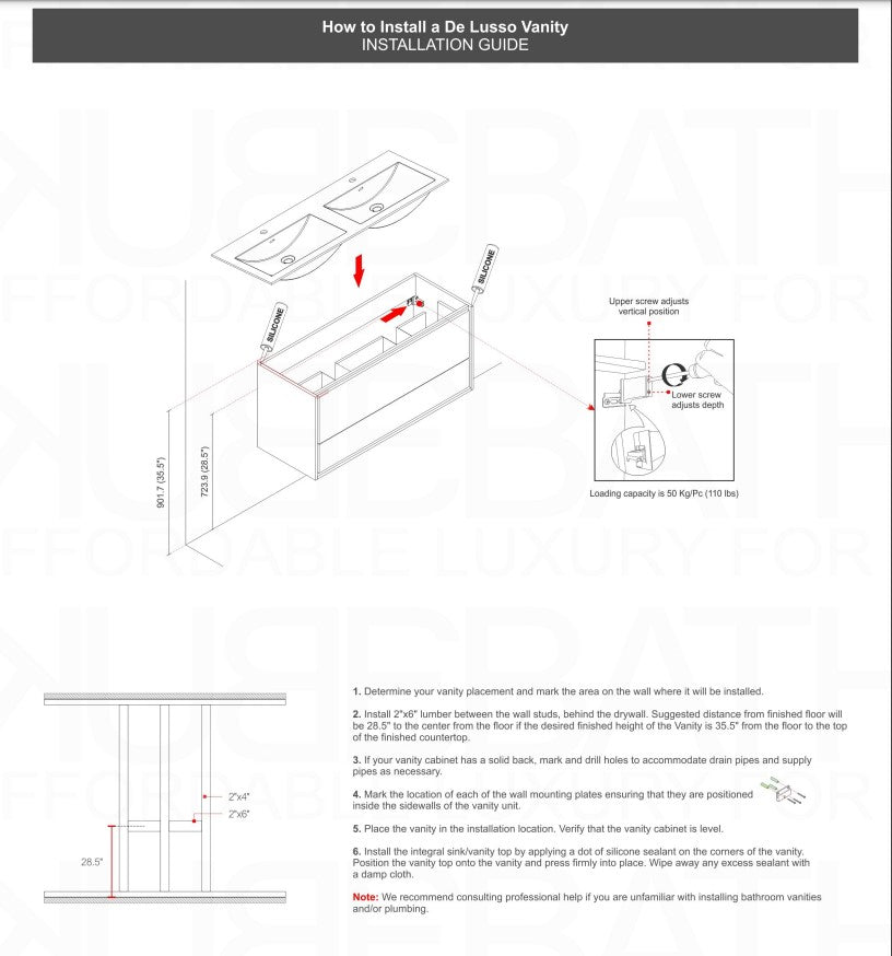 Kube Bath De Lusso 30" Wall Mount / Wall Hung Modern Bathroom Vanity With 2 Drawers Acrylic Countertop DL30 - Renoz