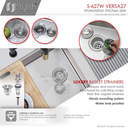 Stylish Versa27 27" x 19" Workstation Single Bowl Undermount 16 Gauge Stainless Steel Kitchen Sink with Built in Accessories S-627W - Renoz