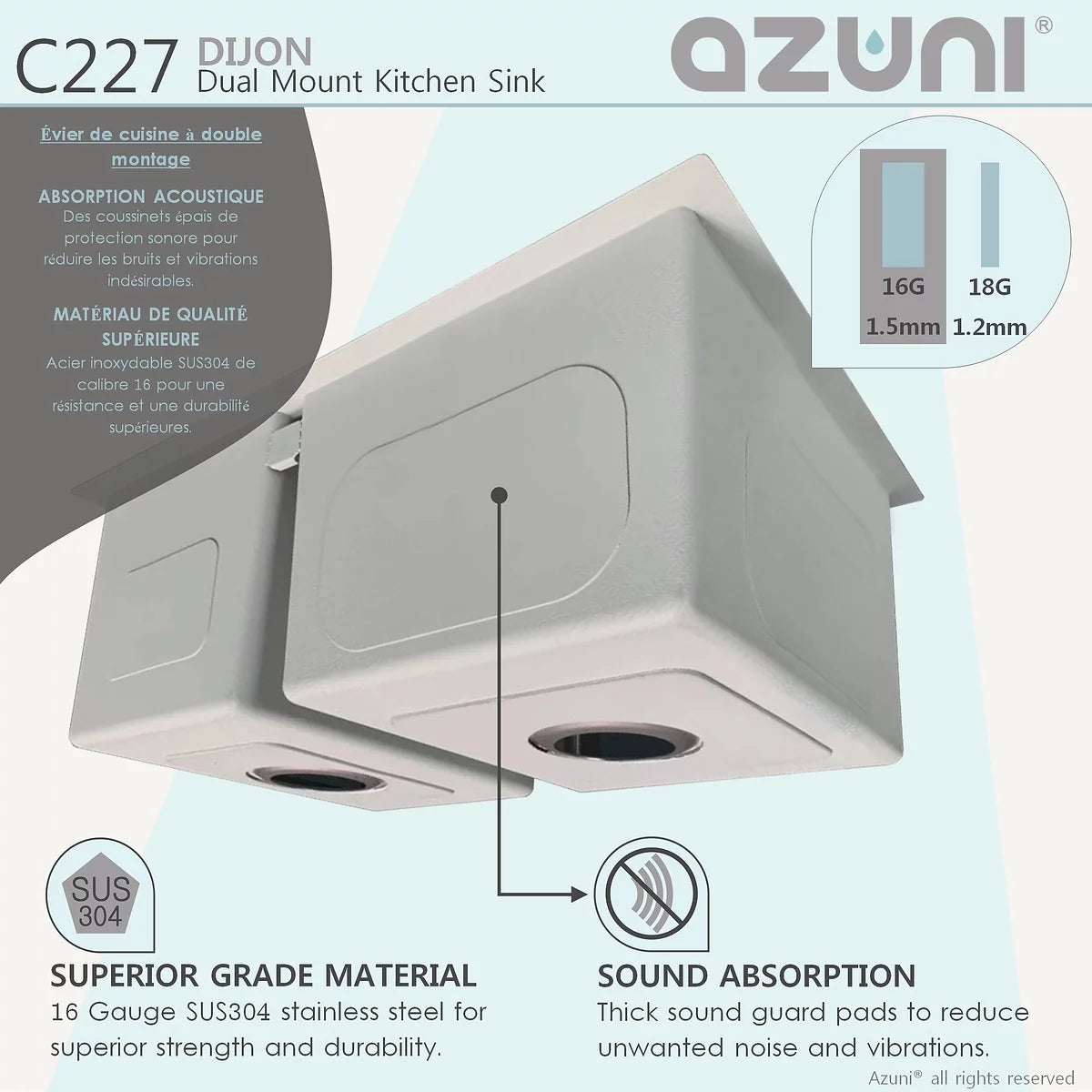 Azuni 27" x 18" Dijon Dual mount Double Bowl Kitchen Sink Stainless Steel C227