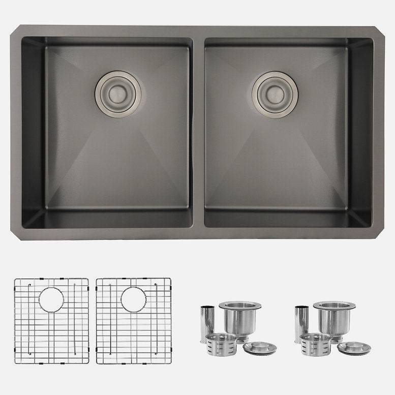 Stylish 32" x 18" Graphite Black Double Bowl Undermount Stainless Steel Kitchen Sink with Grids and Basket Strainers Opal - Renoz