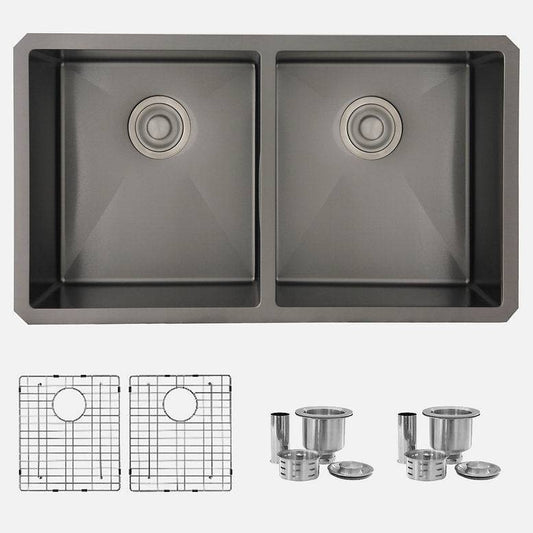 Stylish 32" x 18" Graphite Black Double Bowl Undermount Stainless Steel Kitchen Sink with Grids and Basket Strainers Opal - Renoz