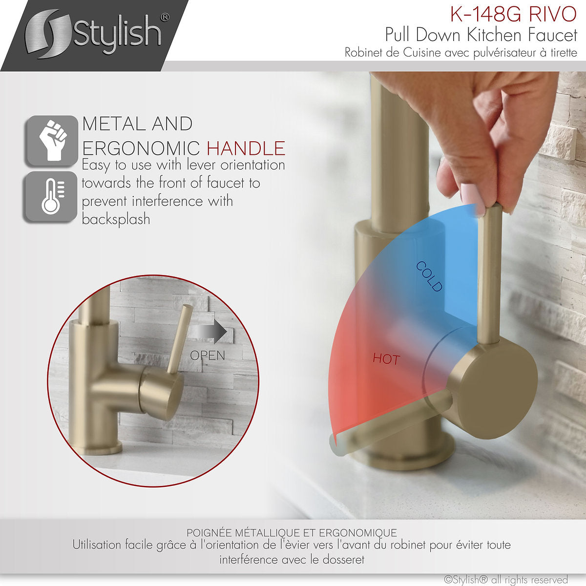 Stylish Rivo Single Handle Pull Down Kitchen Faucet - Brushed Gold Finish K-148G