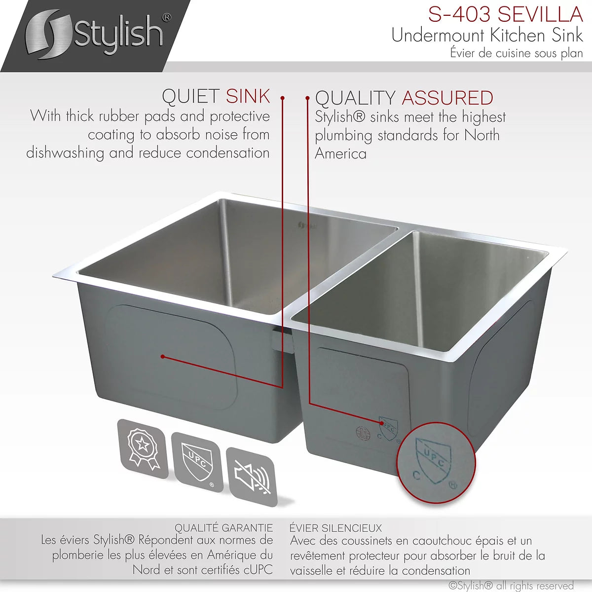 Stylish Sevilla 28" x 18" Undermount Double Bowl Kitchen Sink 18 Gauge Stainless Steel with Standard Strainers S-403