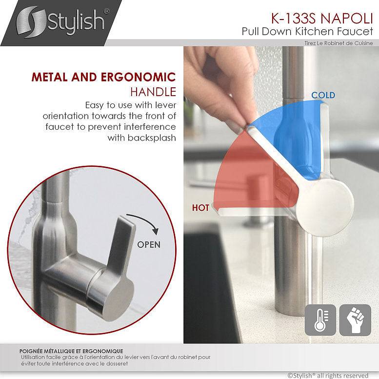 Stylish Napoli 18.75" Kitchen Faucet Single Handle Pull Down Dual Mode Stainless Steel Brushed Finish K-133S - Renoz