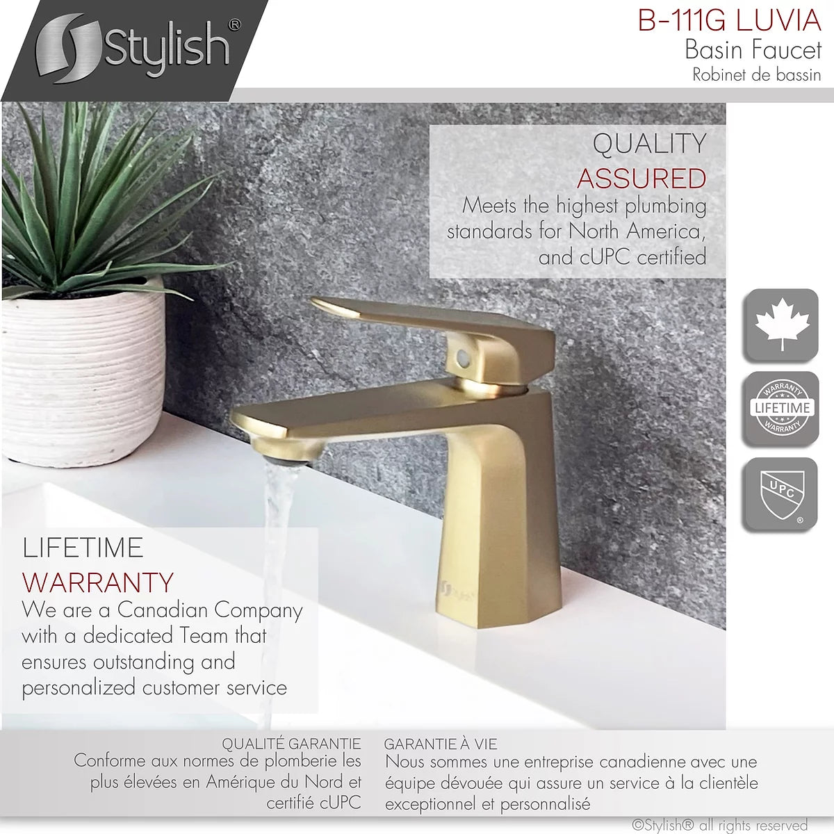 Stylish Luvia Bathroom Faucet Single Handle Brushed Gold Finish B-111G