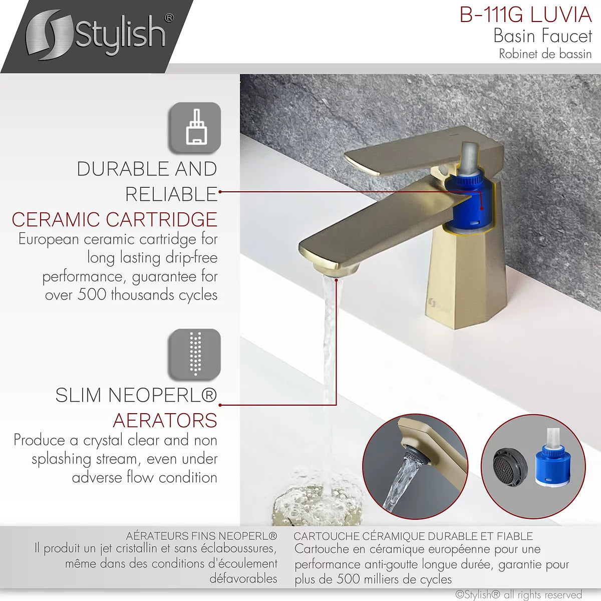 Stylish Luvia Bathroom Faucet Single Handle Brushed Gold Finish B-111G