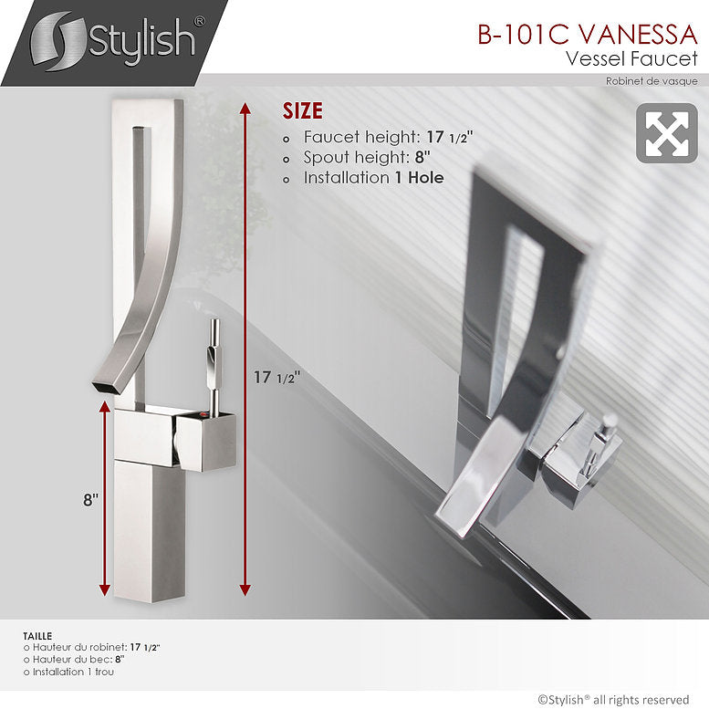 Stylish Vanessa Single Handle 17" Bathroom Faucet for Single Hole Brass Vessel Mixer Tap- Polished Chrome B-101C - Renoz