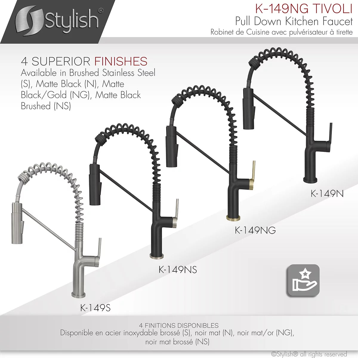 Stylish Tivoli Single Handle Pull Down Kitchen Faucet - Matte Black/Brushed Gold K-149NG