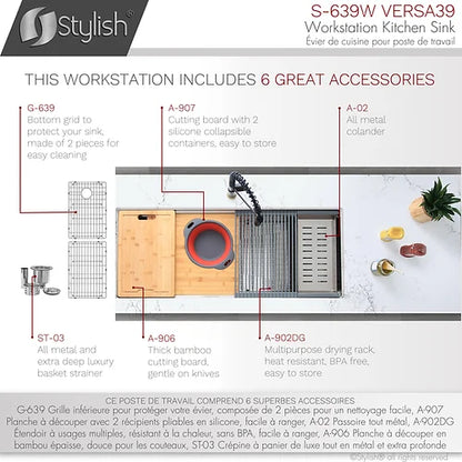 Élégant - Évier de cuisine en acier inoxydable de calibre 16 à cuve unique pour poste de travail Ledge de 39 pouces avec accessoires intégrés (S-639w)