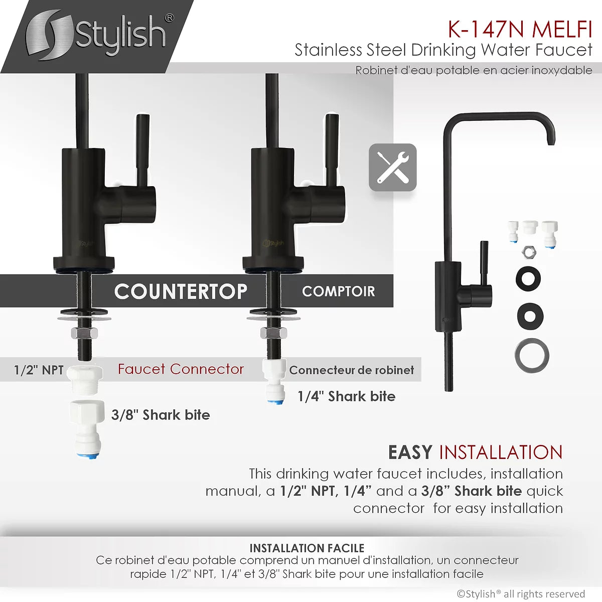 Stylish Melfi Single Handle Cold Water Tap - Stainless Steel Matte Black Finish K-147N