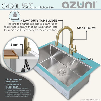 Azuni 31" x 20.5" Noirt Workstation Single Bowl Kitchen Sink Stainless Steel C430l