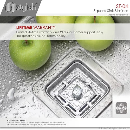 Stylish - 3.5 Inch Square Stainless Steel Kitchen Sink Strainer With Removable Basket (ST-04)