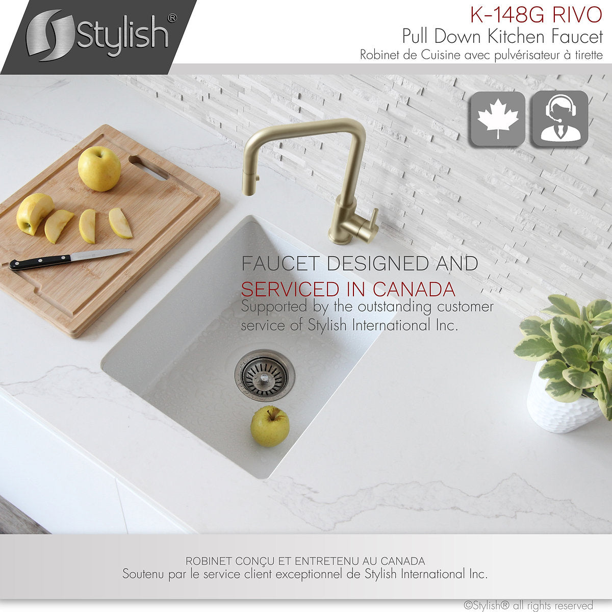 Stylish Rivo Single Handle Pull Down Kitchen Faucet - Brushed Gold Finish K-148G